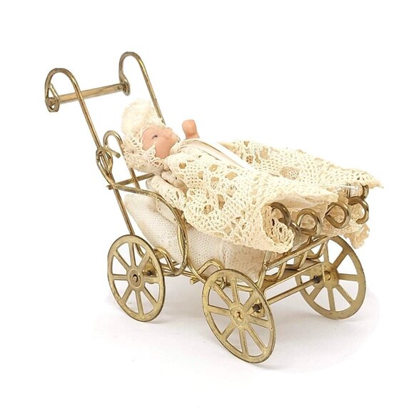 Miniature Baby Carriage Pram Stroller Brass Wire Metal & Lace-with Doll Antique - Picture 1 of 11